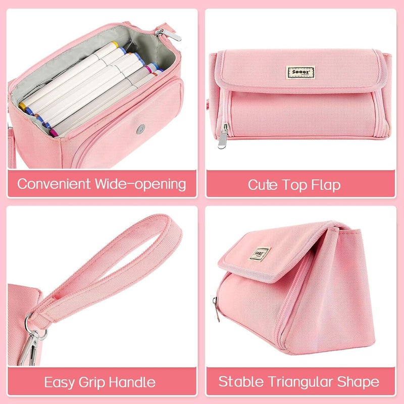 Sooez Super Large Pencil Case, Big Capacity Pencil Bag with 3 Compartments, Hold 200 pencils, Cute Pencil Pouch with Zipper, Portable Stationery Pen Bag, Aesthetic School Supplies For Girls, Pink - Image 5
